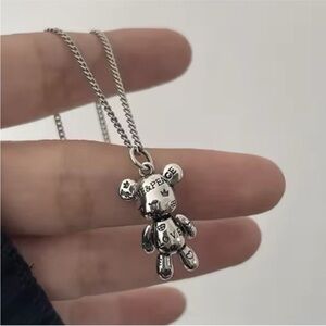 Silver Love and Peace Teddy Bear Pendant Necklace